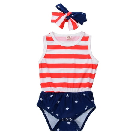 

wsevypo Independence Day Baby Girls Clothes Short Sleeve Bodysuit/Sleeveless Romper+Star Printed Headband