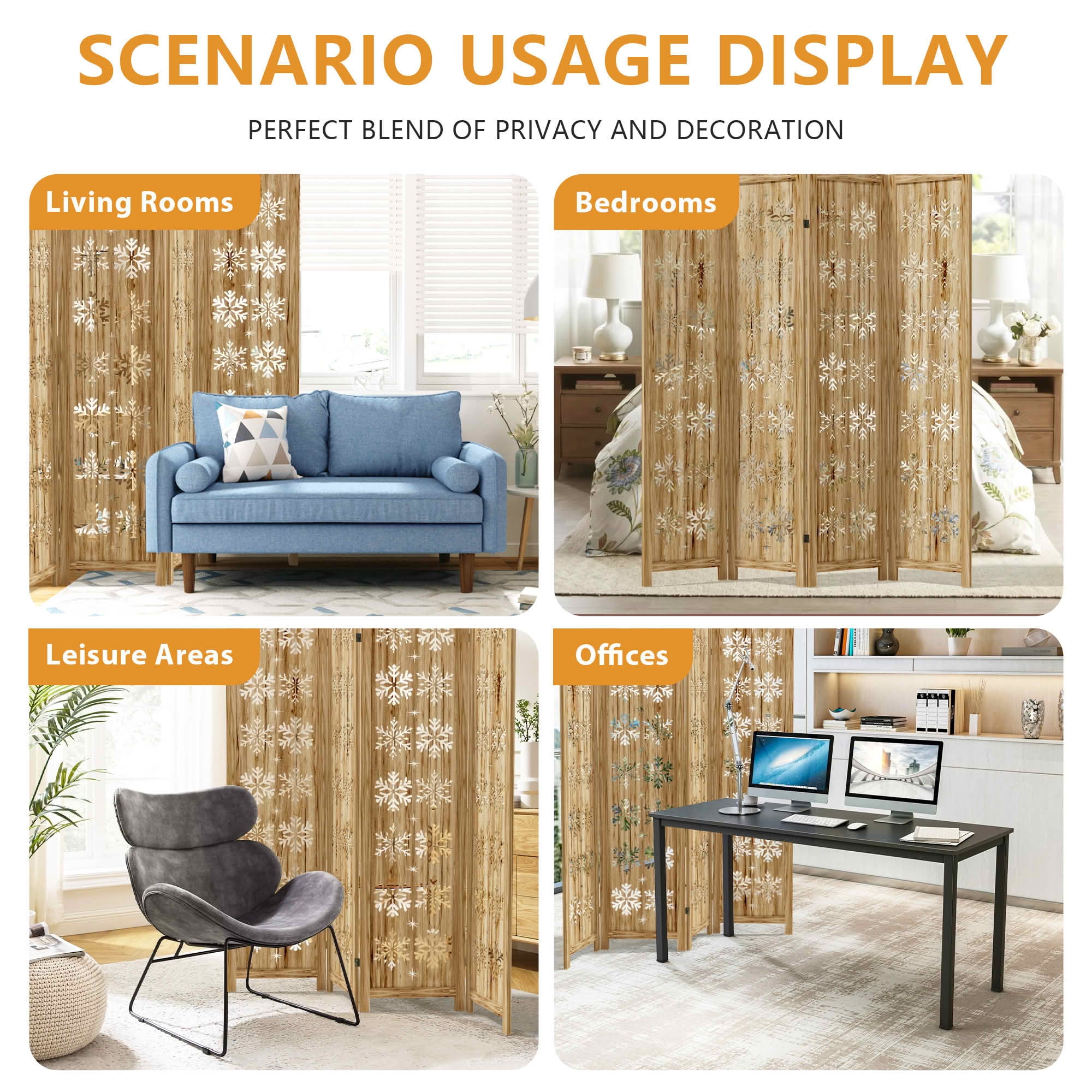 MAYEERTY 127x1x67 Inch Natural Charcoal Snowflake Wooden Folding Privacy Screen, 8 Panel Set for Home & Patio