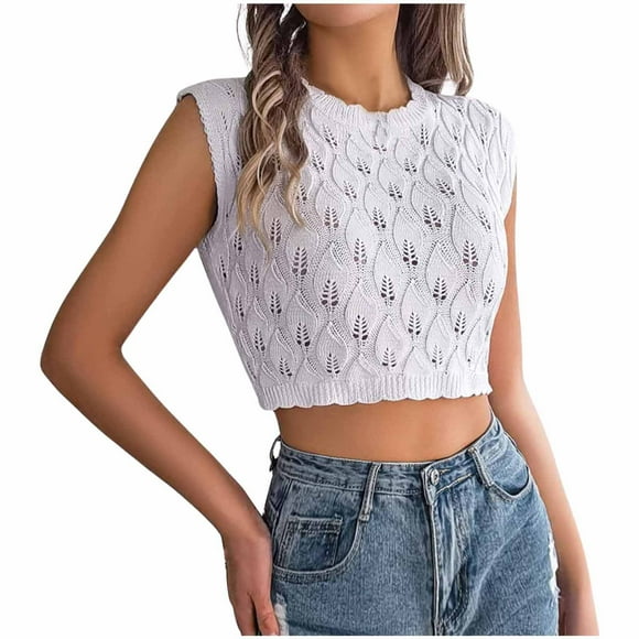 TSADFHJI White Tank Tops Women Plus Size Women's Round Neck Sleeveless Knitted Slim Fit Casual Open Navel Vest L White
