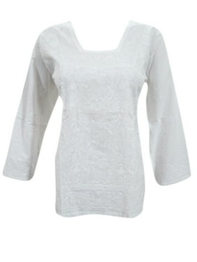 Mogul Womens Tunic Tops White Embroidered Cotton Top