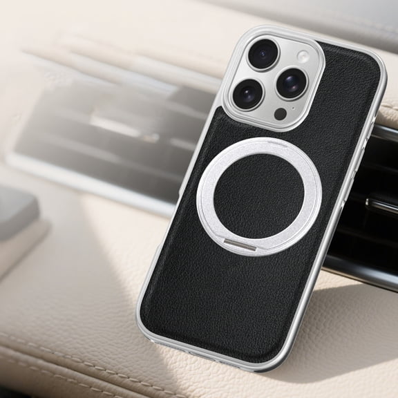 for iPhone 16 Pro Max Ring Stand Case, Protective Slim with Kickstand Shockproof Phone Case, Invisible Stand Lychee Texture Plain PU Leather Phone Cover Compatible for iPhone 16 Pro Max, Black