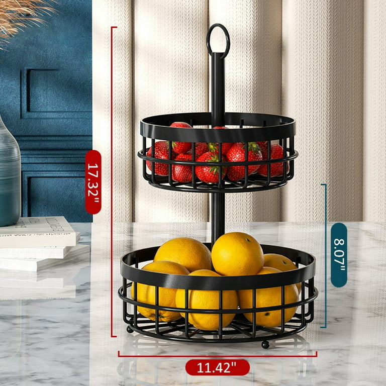 Home Shark Fruit Basket for Kitchen, 2 Tier Wire Fruit Bowl, Tiered  Countertop Fruit Vegetable Stand, Black Gold 