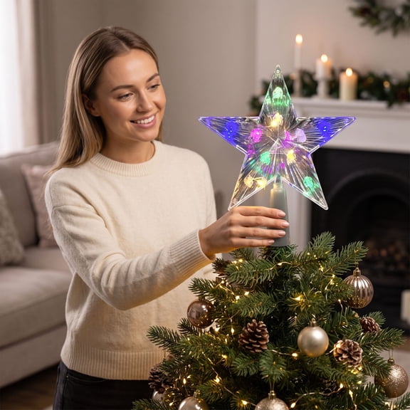 Christmas Tree Topper, Crystal Star Ornament, LED Light Decor, Multicolor Flashing Effect and Sturdy Reusable Build for Tree Branches, Mantel Shelves and Holiday Gatherings.