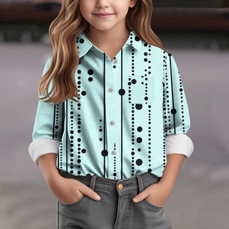 Crunowin Boys And Girls Casual Shirts Button Down Polka Dot Print Spring Summer Casual Fashionable Blouses Green Size 7 Years