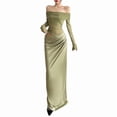 thumbnail image 3 of Women'S Mesh Off Shoulder Dress Elegant Sheer See Through Long Sleeve Ruched Bodycon Maxi Dresses Green M, 3 of 9
