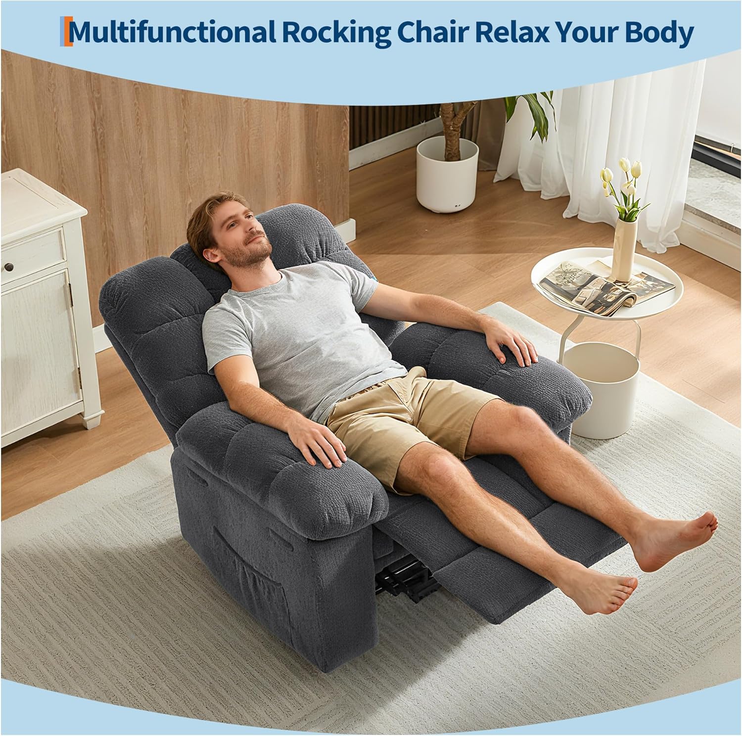Sunvasagoo Chenille Rocking Recliner Chair, 360° Swivel, Manual Recline, 300Lb Capacity, 3 Colors