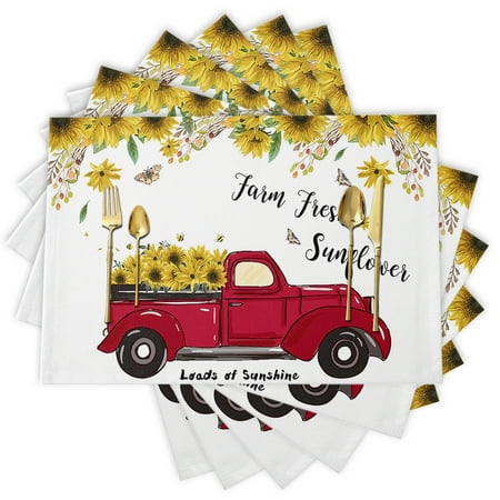 

Sunflowers Red Car Vintage Farm Fresh Loads of Sunshine Placemats Set of 6 Durable Placemats for Dining Table Placemat Washable for Kitchen Table Heat-resistand Table Mats