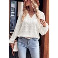 thumbnail image 2 of Solid Color Split V Neck Swiss Dot Long Sleeve Blouse for Women White Large, 2 of 5