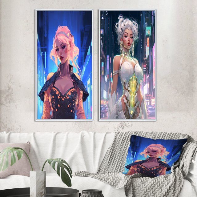 Designart "Glorious Cyberpunk Divinity in Urban Tokyo V" Cyberpunk Woman Framed Wall Art Set Of 2 - Glam Blue Frame Gallery Set For Office Decor