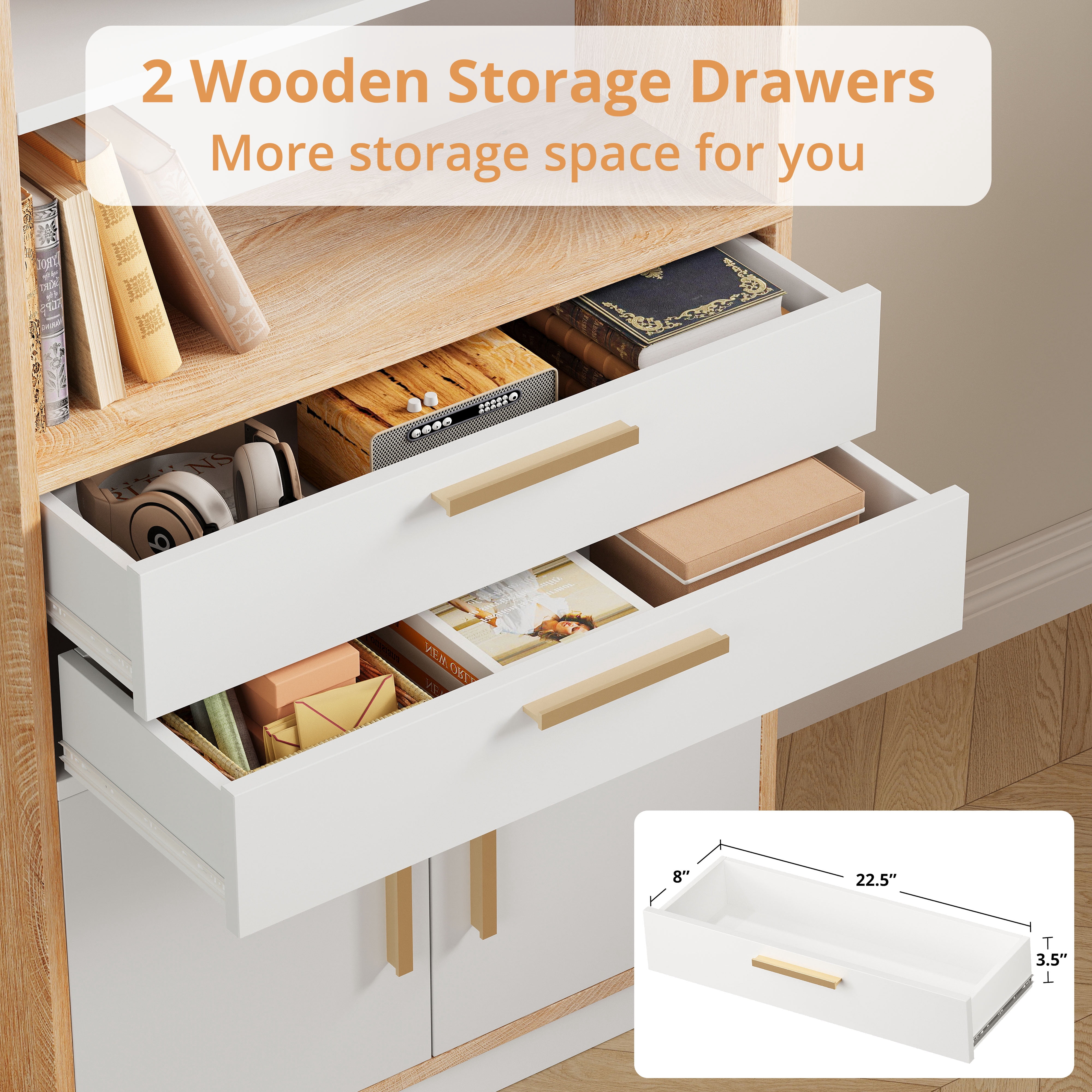 ModernMate 59" Tall Wooden Bookcase with 2 Drawers, Modern Bookshelf with Doors, 8 Open Storage Cubes, Storage Organizer Freestanding Rack for Living Room Home Office Study Room