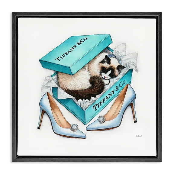 Stupell Industries Blue Shoebox with Kitten Animals Painting Black Floater Framed Canvas Art Print Wall Art, 18 x 18