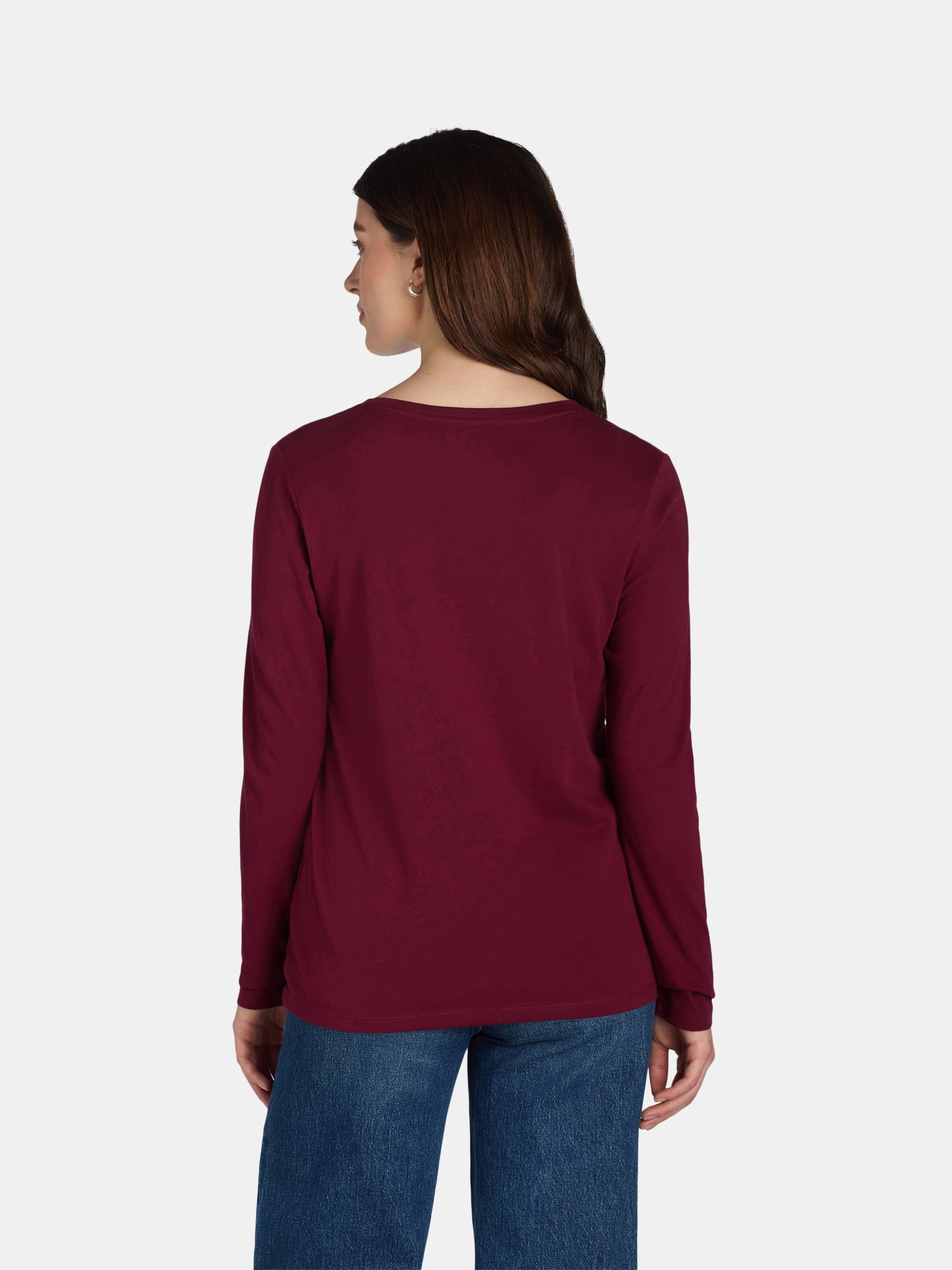 Time and Tru Women's Cotton Crewneck Tee with Long Sleeves, Single and 3 Pack, Sizes XS-XXXL