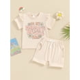 thumbnail image 2 of Bslissey Toddler Baby Girls Summer Clothes Ruffle Short Sleeve Letter Floral Print Tops + Drawstring Shorts 2Pcs Outfits Infant Cute Short Pants Sets 6M 12M 18M 24M 3T, 2 of 9