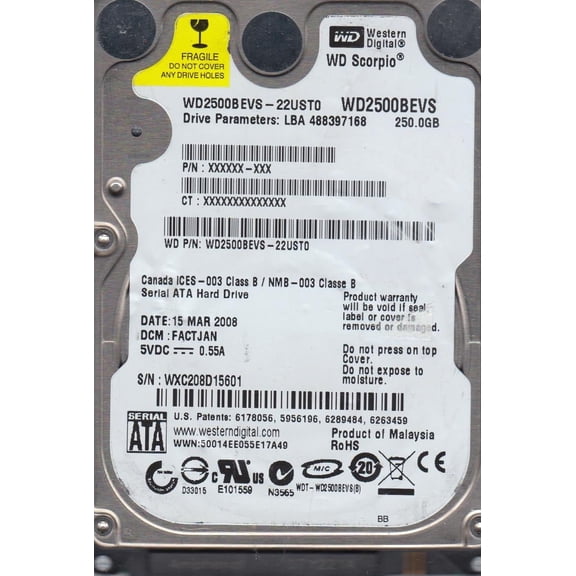 WD2500BEVS-22UST0, DCM FACTJAN, Western Digital 250GB SATA 2.5 Hard Drive