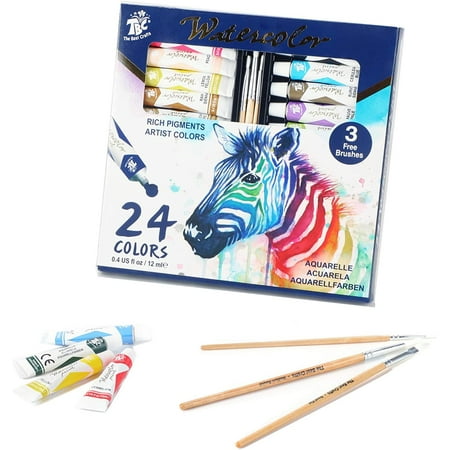 TBC The Best Crafts 24-Color Watercolor Paint Set with 3 Bonus Brushes, Non-Toxic Art Kit for Kids & Students