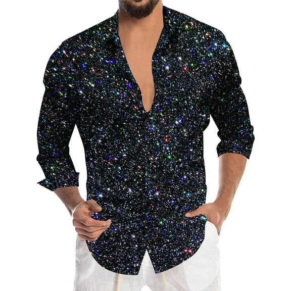 CONZONE Mens Buttons Down Shirts Long Sleeve Shirts For Men Trendy Carnival Sequins Graphic Lapel Soft Lightweight Tops