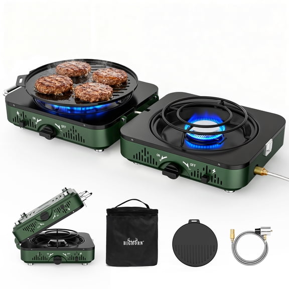 BIG HORN OUTDOORS Portable Propane Camping Stove, 2 Burner Foldable Gas Stove with Frying Pan & Carry Bag