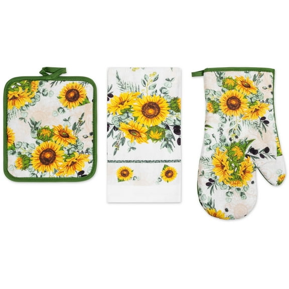 PREMIUS 3 Piece Printed Kitchen Linen Set, Sunflower, 1 Cotton Towel, 1 Pot Holder, 1 Oven Mitt