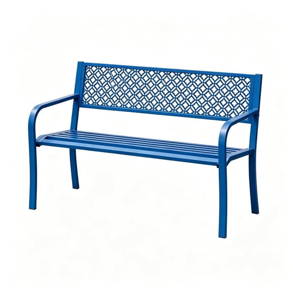 50" Steel Patio Garden Bench for 2 Adults, Weather-Resistant Metal Outdoor Chair with Geometric Backrest and Slatted Seat, Ideal for Yard, Porch, Deck, Entryway, Backyard Seating,Blue