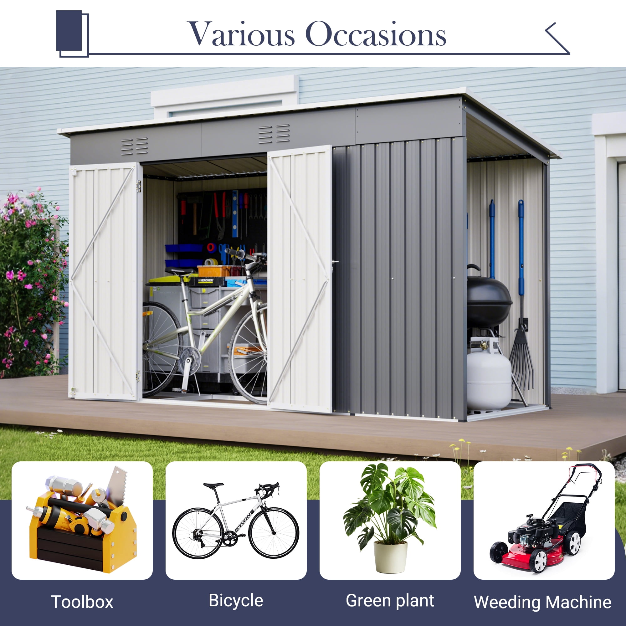 Leumius 10x4Ft Outdoor Metal Storage Shed with Lockable Door with Floor Frame for Patio Backyard Garden Gray