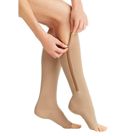 Zipper Pressure Compression Socks Support Stockings Leg - Open Toe Knee High - 20-30mmHg - Helps Circulation, Varicose Veins, Swollen Legs, (Best Way To Put On Compression Stockings)