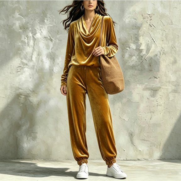 JIAYUE Women Velvet 2 Piece Outfit Cowl Neck Solid Color Long Sleeve Top Elastic Waist Jogger Pants Set for Vacation Daily Walking