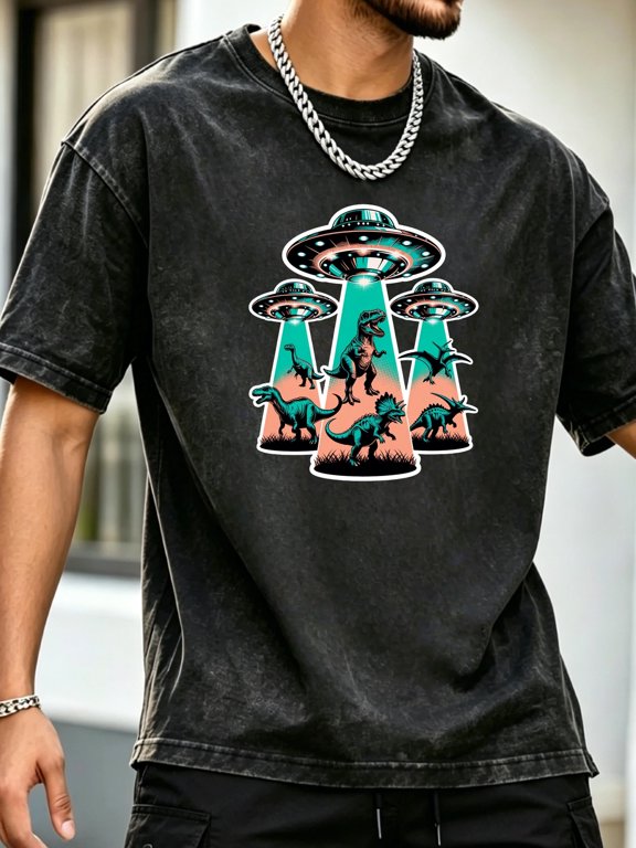 vintage washed black t shirt dinosaurs graphic triceratops pterodactyl spaceship retro aesthetic streetwear harajuku oversized tee men women urban hip hop styl