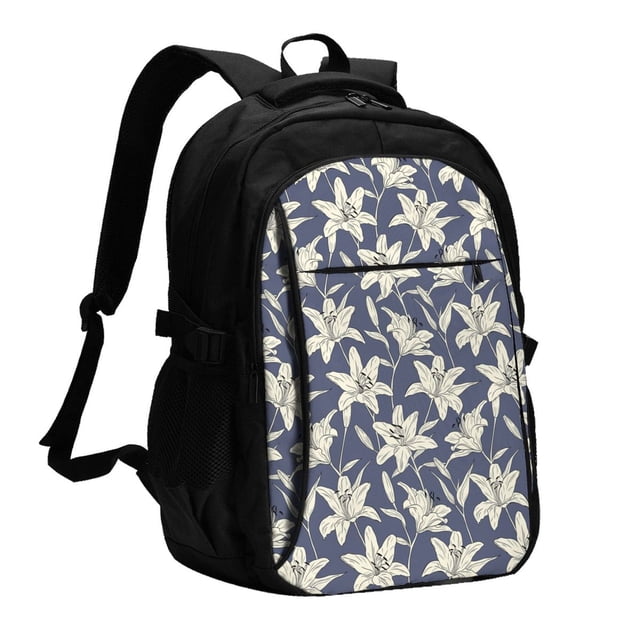 Disketp Lilies Flowers Mochila de Viaje Estampada para Laptop con Puerto de Carga USB, Mochila Impermeable para Computadora – Regalo para Hombres y Mujeres