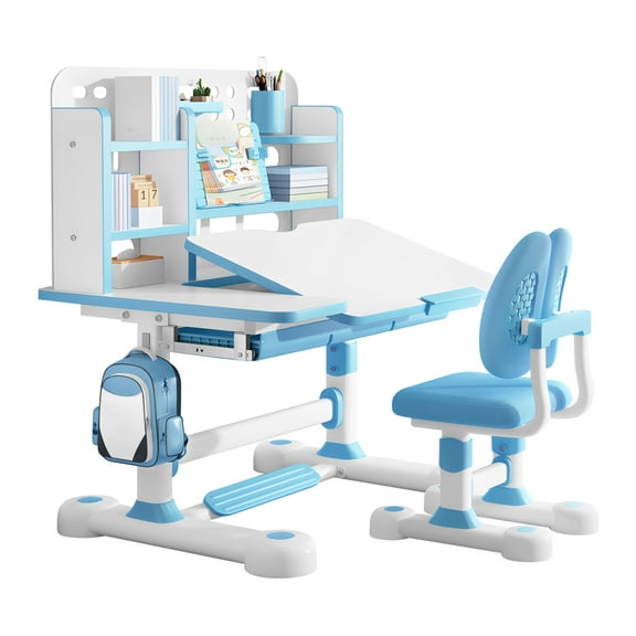 Kids Functional Desk and Chair Set, Ergonomic Height Adjustable Children School Study Desk with Tilt Desktop, Book Stand, Metal Hook and Storage Drawer for Boys Girls