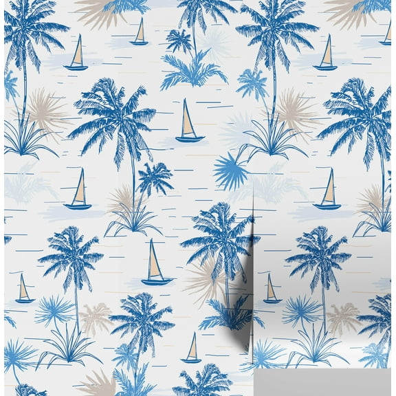 S4Sassy Peel and Stick Wall Covering, Tropical Palm & Sailboat Removable Wall Wrap - Blue Instant Walls Makeover Mural for Bathroom, Laundry Room, Closet - Self-Adhesive Wallpaper Vinyl -25"x120"