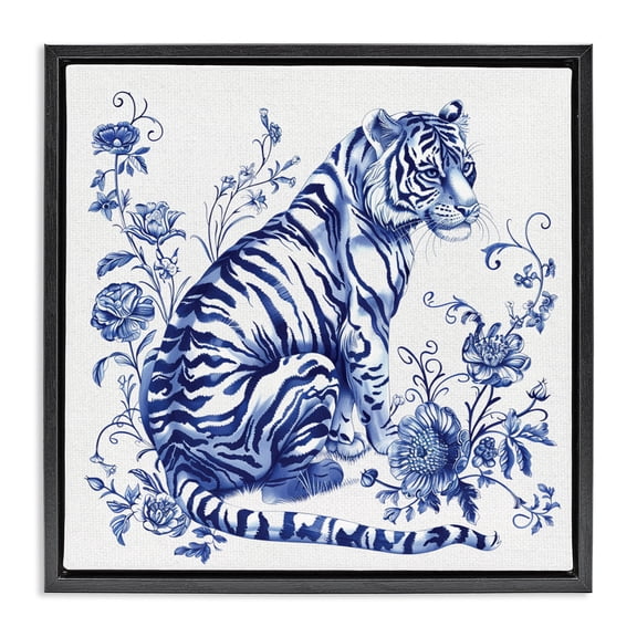 Traditional Ornate Floral Tiger Black Framed Floater Canvas Wall Art, design by Lettered and Lined