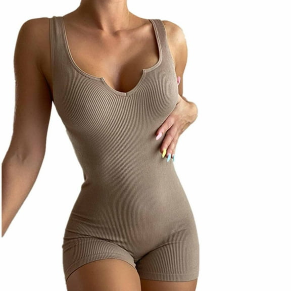 Gpaecead 2024 Womens One Piece Tank Top Sleeveless Backless Bodycon Shorts Jumpsuits Bodysuit Catsuit Ribbed Sports Romper Khaki
