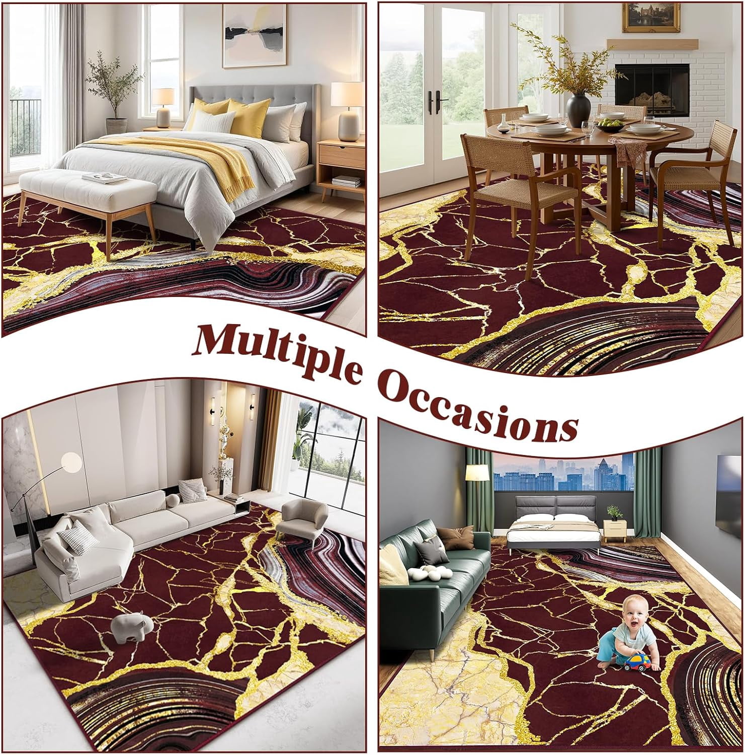 Bleum Cade 8'x10' Area Rugs for Living Room, Washable Rugs Modern Rugs for Bedroom Dinning Room,Marble Abstract Rug Ultra Soft Non Slip Durable Large Carpet Home Decor, Red Gold