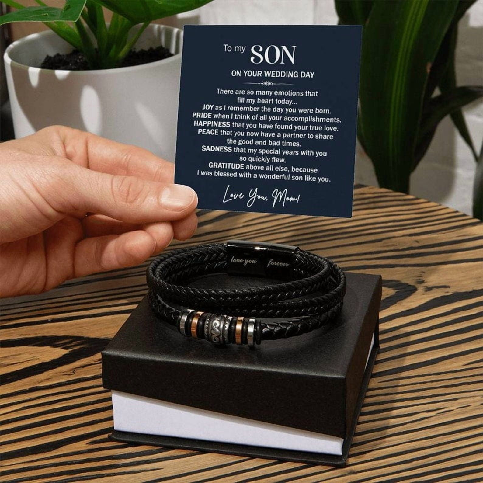 Son Getting Married Gift from Mom, Leather Bracelet Gift To Son On Wedding Day, Wedding Gifts for Son from Mom, Mom To Groom Bracelet, Bracelet for Son from Mother with Personalized Card and Box
