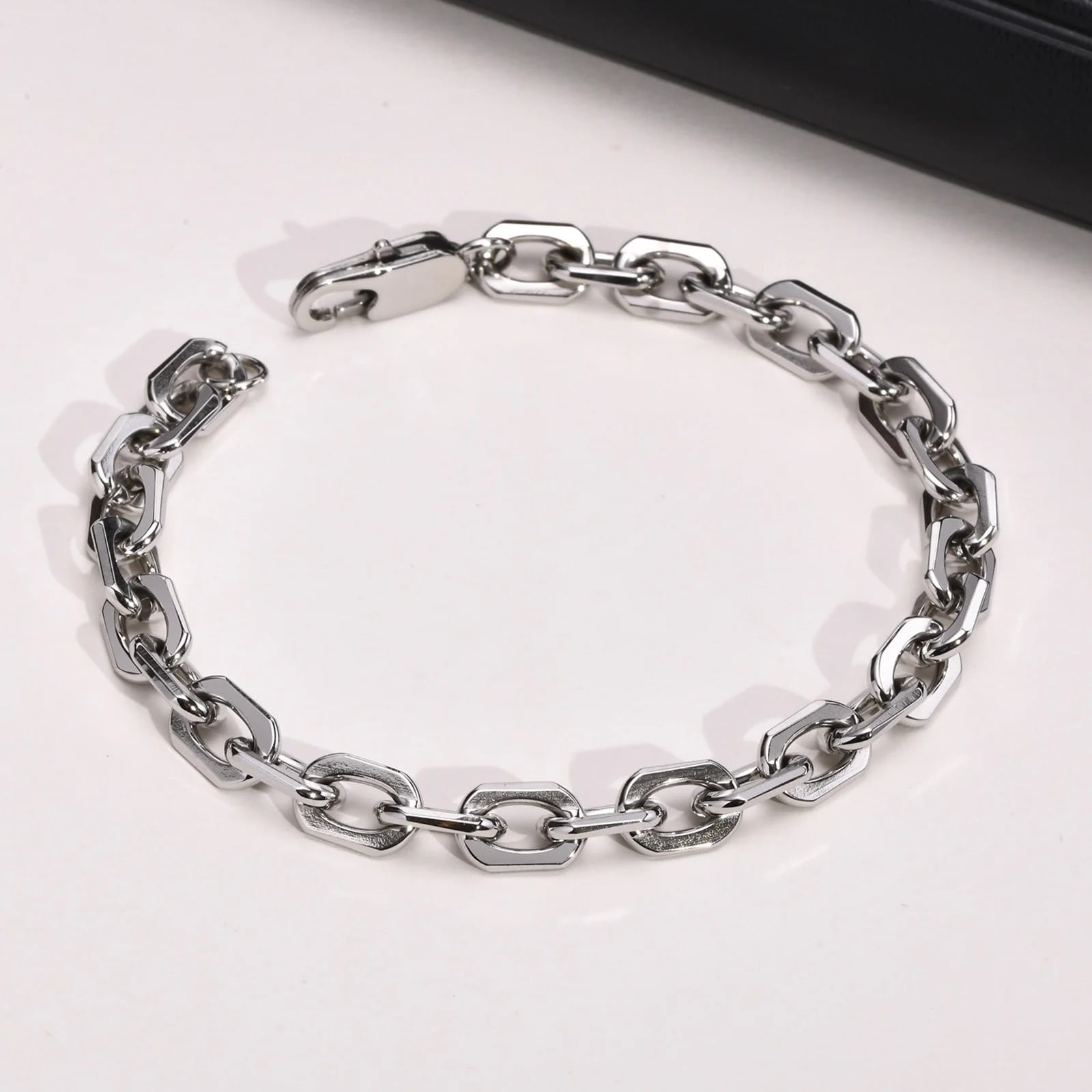 Basic 6.5MM Belcher Chain Bracelets for Men,Waterproof 14K White Gold Square Geometric Links Wristband Gift,pulseira
