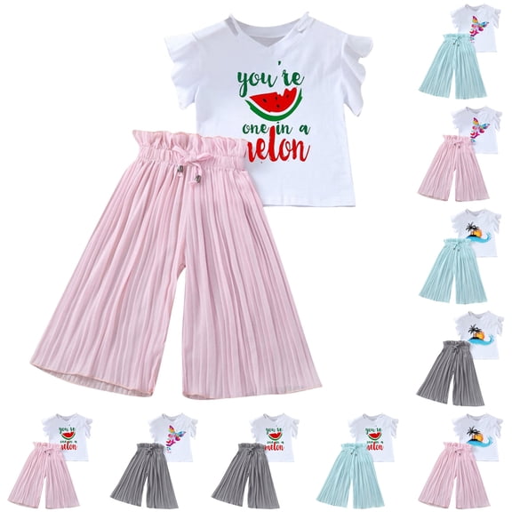 WUANDIXFA Baby Girls Sunflowers Summer Clothes Toddler Floral Prints Short Sleeve Tops Ruffle Frilly Wide Legs Pants Set 2Pcs (Grey, 7-8 Years)