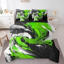 Feelyou Artwork Geometric Bedding Comforter Set 7-Piece for Adult, Retro Oil Printing King Bedding Sets, Black Green Abstract Reversible Bed Sheets, Microfiber Bedroom Decor