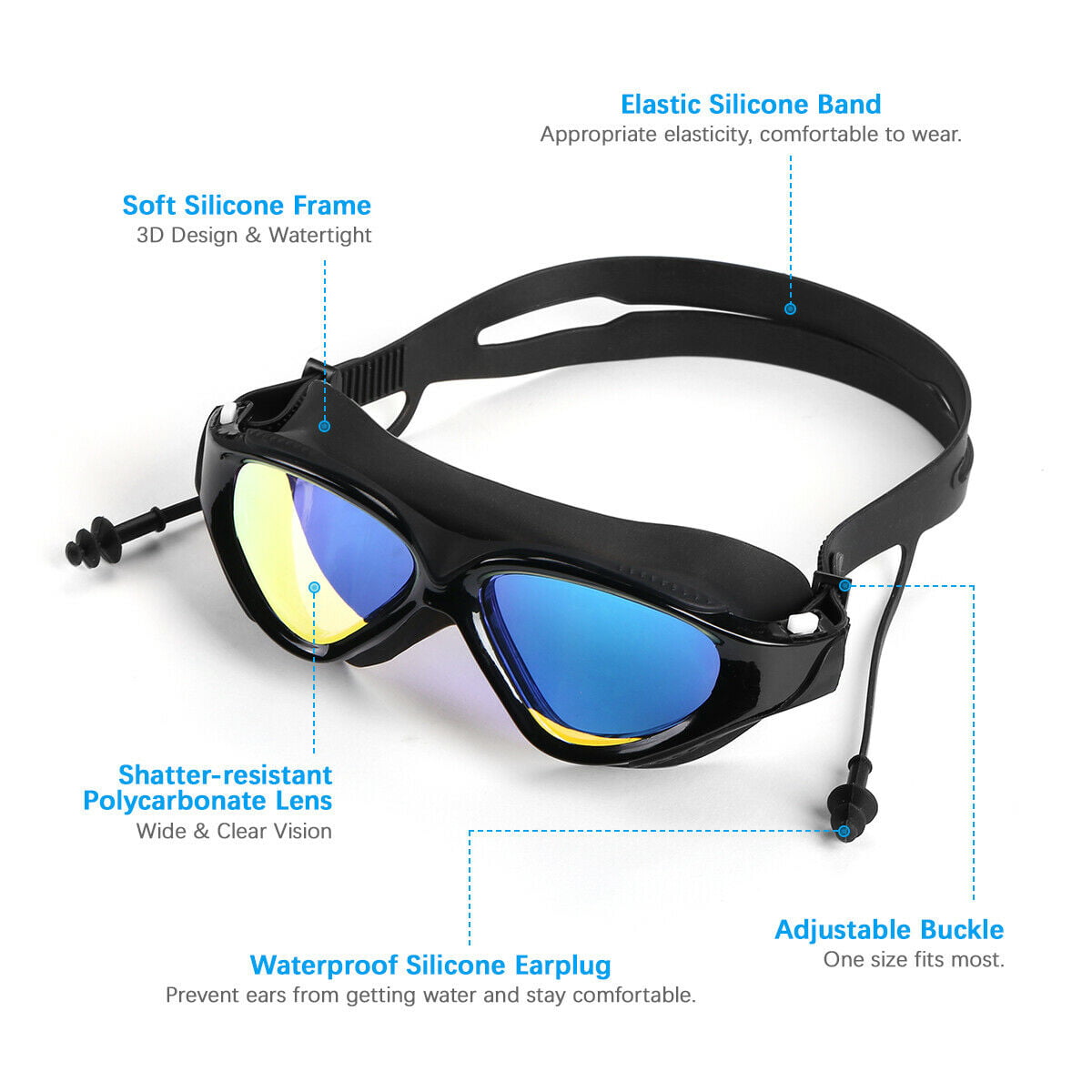 Mirror Swimming Goggles Anti-Fog Swim Glasses UV Protection with Ear Plug Adult 