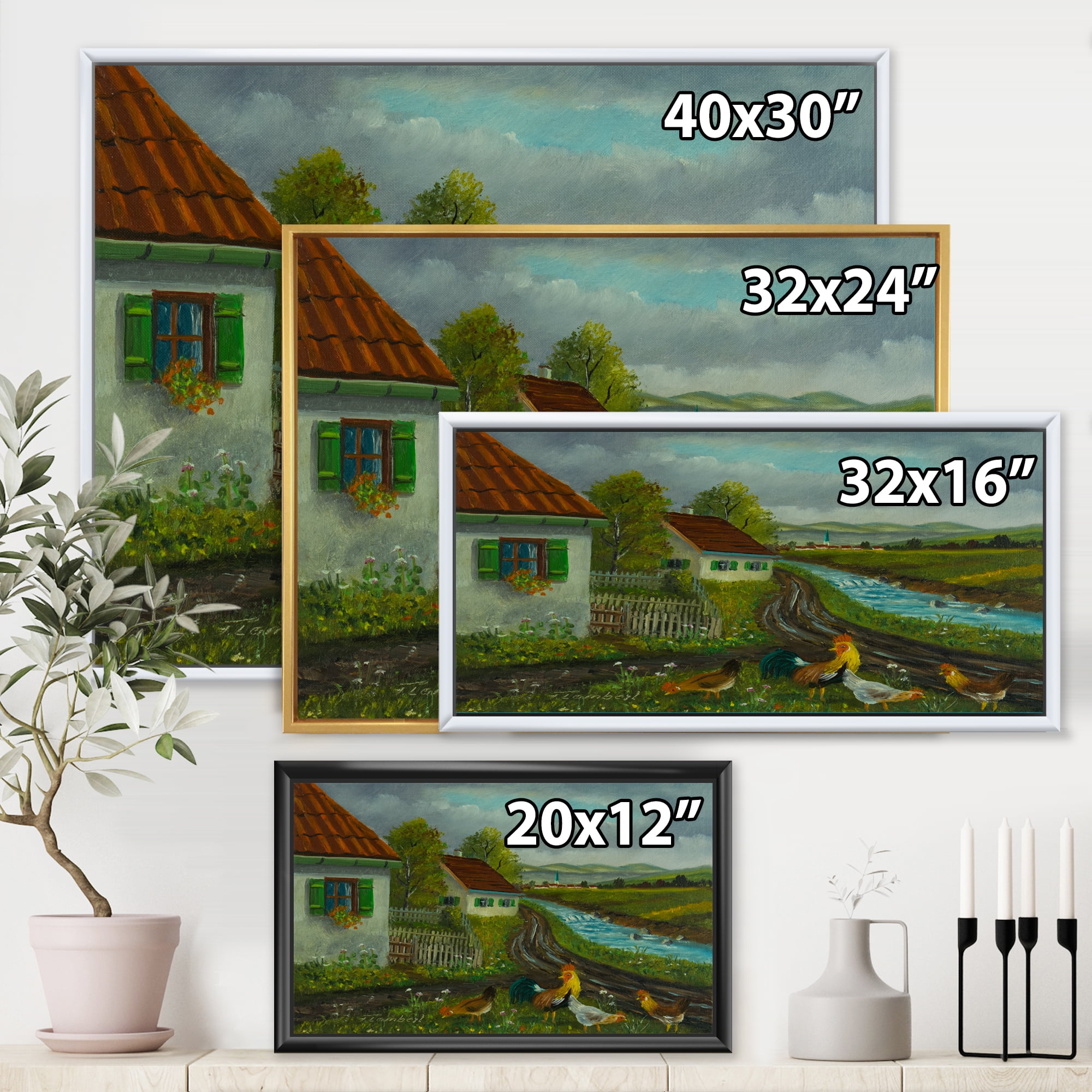 A Cock and Three Chickens In A Meadow With Flowers 32 in x 16 in Framed Painting Canvas Art Print, by Designart