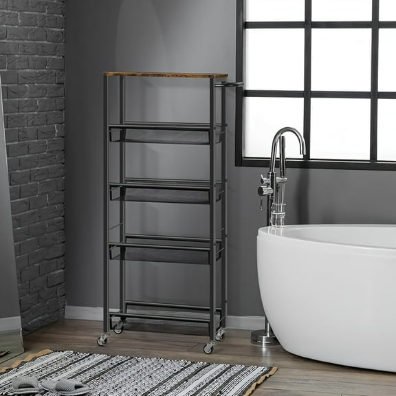 "Slim 7.33"Wide Storage Cart - 5-Tier Narrow Rolling Cart with Wood Top & Handles - for Kitchen, Bathroom & Office