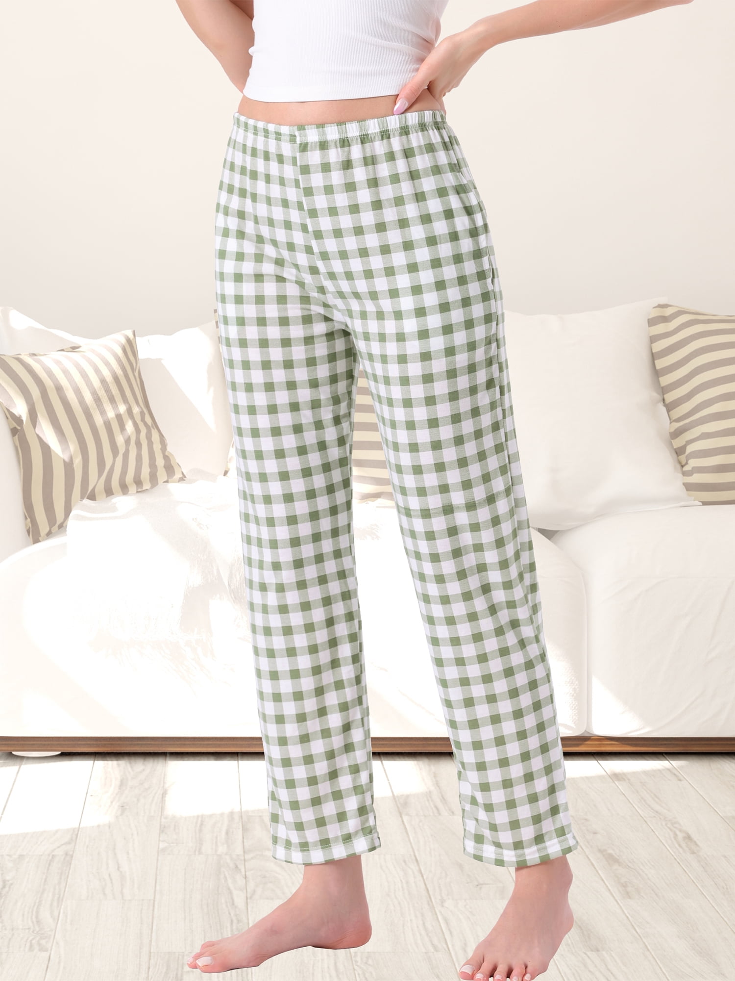 DARING DIVA Women's Plaid Elastic Waist with Pockets Long Lounge Bottoms L Green Plaid