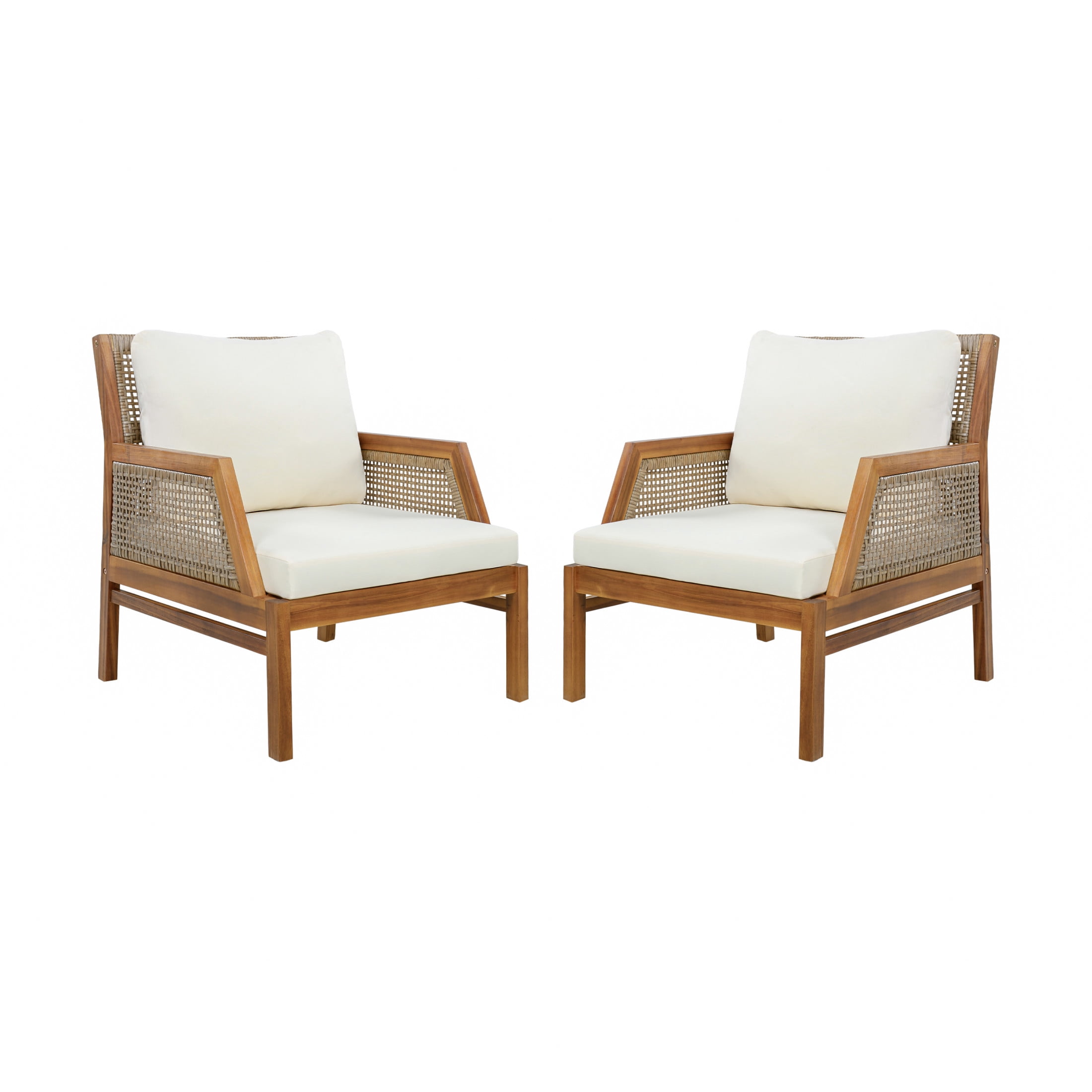 Christopher Knight Home Outdoor Club Chairs with Wicker Details and Cushions, Set of 2, Teak + Beige