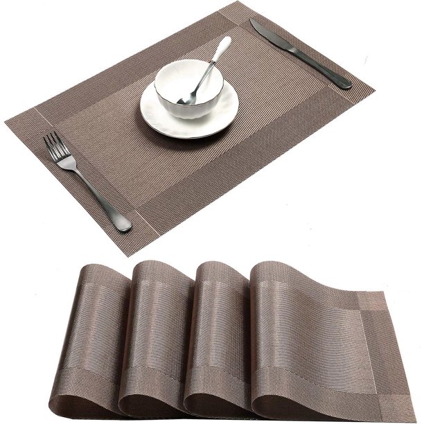 Mantel individual, mantel individual de aislamiento antideslizante de vinilo tejido cruzado, juego de 4 manteles individuales lavables (4 manteles individuales, champán)