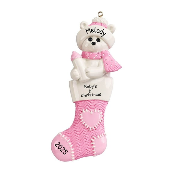 Personalized Animal Ornaments 2024 - Baby Girl Polar Bear in Xmas Stocking 1st Christmas Ornament