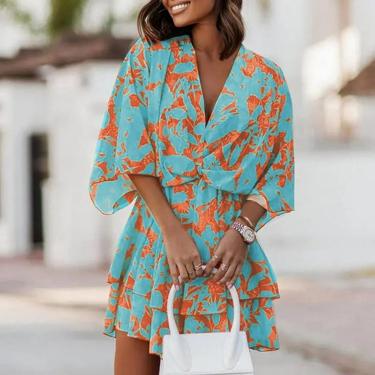 Casual sexy deep v neck floral print short sleeve mini top dresses