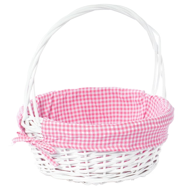 White Round Willow Gift Basket, with Pink Gingham Liner and Handle - Medium
