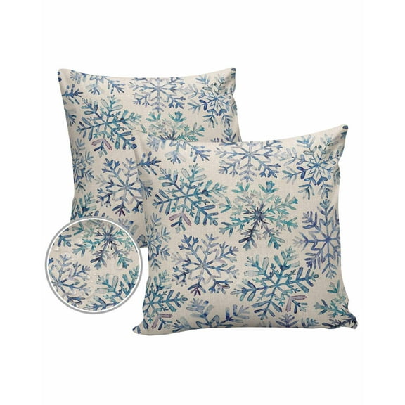 Pack of 2 Outdoor Pillow Covers, Christmas Xmas Watercolor Blue Snowflake Waterproof Square Throw Pillowcase Cushion Decorative Pillow Covers for Couch Patio Tent, 16x16 in