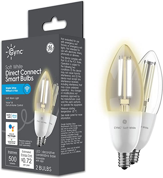 GE Lighting CYNC Smart LED Light Bulbs, Soft White, Bluetooth and Wi-Fi, Works with Alexa and Google Home, Decorative, Small Base (2 Pack) Small Base 2 Count (Pack of 1)