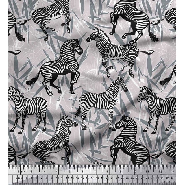 Soimoi Gray Rayon Fabric Leaves & Wild Animal Print Sewing Fabric BTY 42 Inch Wide