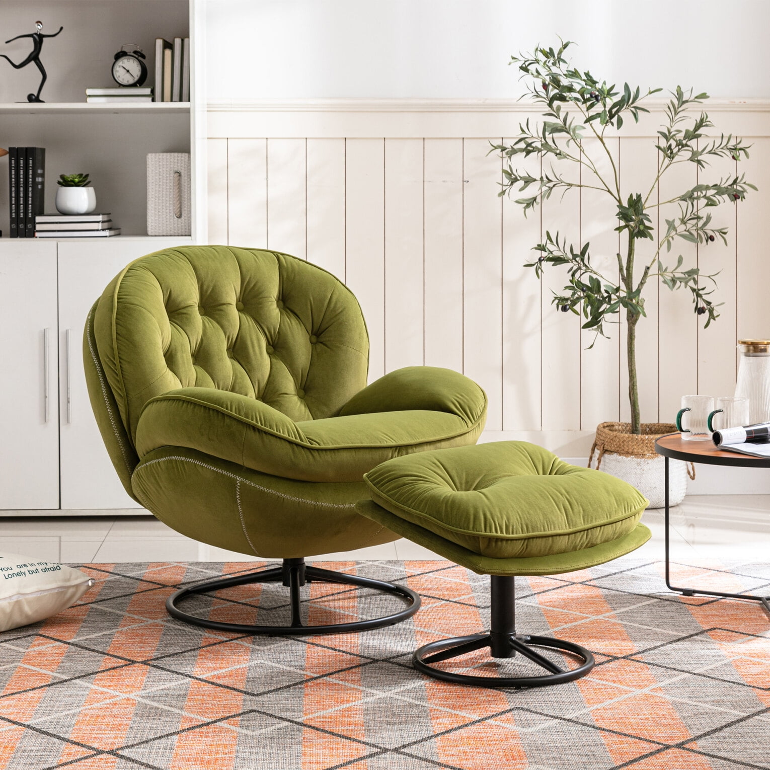 Velvet Accent Chair with Ottoman Modern Swivel TV Chair with Round Metal Base Tufted Upholstered Recliner Set for Living Room Bedroom Reading Rooms Blue Walmart